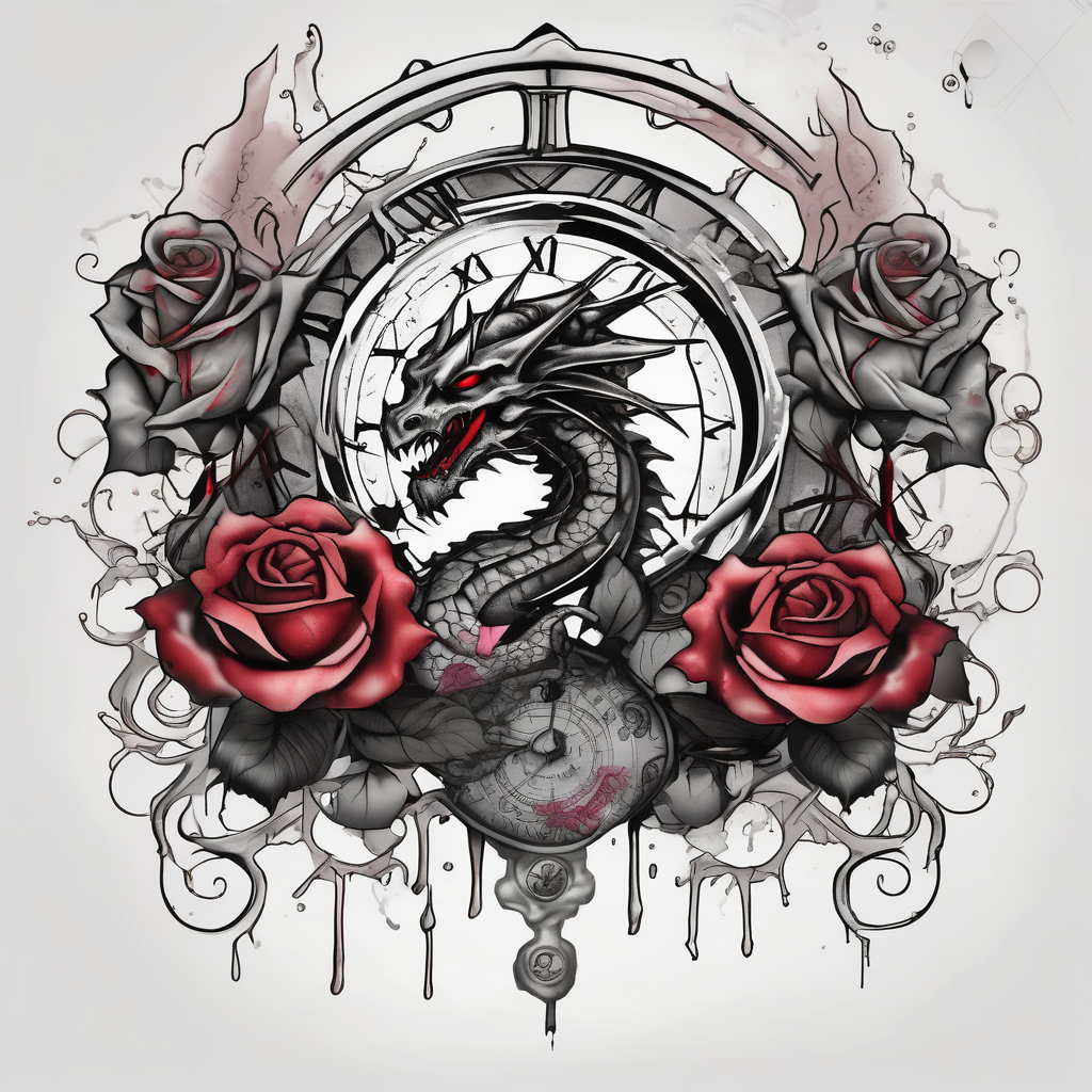 Dark cancer zodiac sign tattoo with dragon, clock and roses on background fishing tattoos, AI-generated Watercolor tattoo design